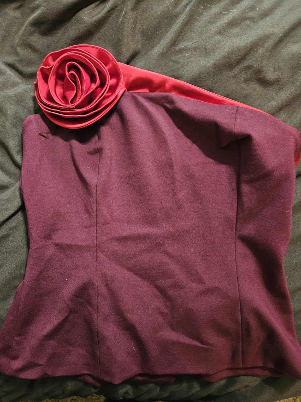 White House Black Market One-Shoulder Burgundy Shirt with Red Rosette